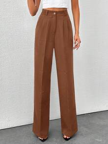 SHEIN Tall 高腰女式纯色阔腿裤 - 棕色 - 查看 5