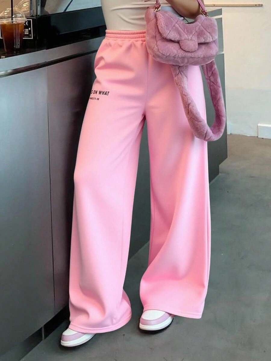 Teens/Girls' Casual Street Fashion All-Match Versatile Floral & Letter Graphic Sweatpants Fall Winter - Pink - View 1