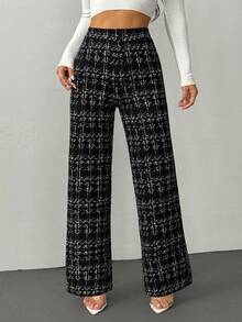 SHEIN PETITE Summer Elegant Women's Plaid Printed Elastic Knitted Pants, Suitable For Various Occasions, Suitable For Summer Vacation, Elegant Travel, And Daily Commuting, Winter Clothes For Women,Thanksgiving Outfit For Women