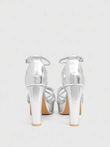 CUCCOO LuxiPop Round Toe Thick Heel Thin Strap Knotted Fashion Women's High Heel Sandals - Silver - View 7