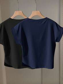 SHEIN EZwear 2 chiếc áo thun cổ tròn tay ngắn màu đen và xanh navy, phù hợp cho mùa hè - Nhiều màu - Xem 2