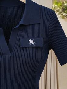 Seusyu Women's Elegant Embroidered Knight Horse Logo Knit Sweater - Blue - View 7
