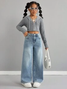 SHEIN 少女基础款浅色水洗牛仔保暖宽松裤，秋冬保暖穿搭，休闲高腰牛仔裤，百搭阔腿牛仔裤，Y2K风格，女教师装，返校装，教堂礼服，商务休闲装，工装牛仔裤连衣裙，女童秋冬宽松裤，青少年高腰长款阔腿牛仔裤，街头风，冬季牛仔裤