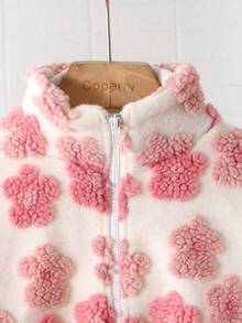 SHEIN 少女金属拉链立领口袋花卉羊羔绒纹理面料休闲通勤优雅外套夹克，秋冬 - 粉色 - 查看 3