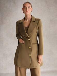 SHEIN Unity 女式休闲单排扣中长款西装外套，秋季 - 卡其色 - 查看 1