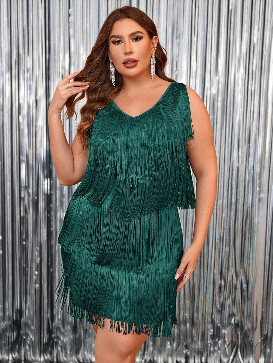 SHEIN Clasi Vestido sin mangas con decoración de flecos de unicolor talla grande - Agua verde azul - Ver 1