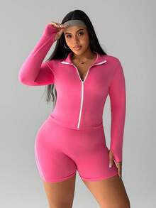 Rhythm Era Conjunto deportivo de talla grande para mujer, con chaqueta de manga larga y pantalones cortos, de color rosa con rayas, de ajuste ceñido y sin costuras - Rosa - Ver 4