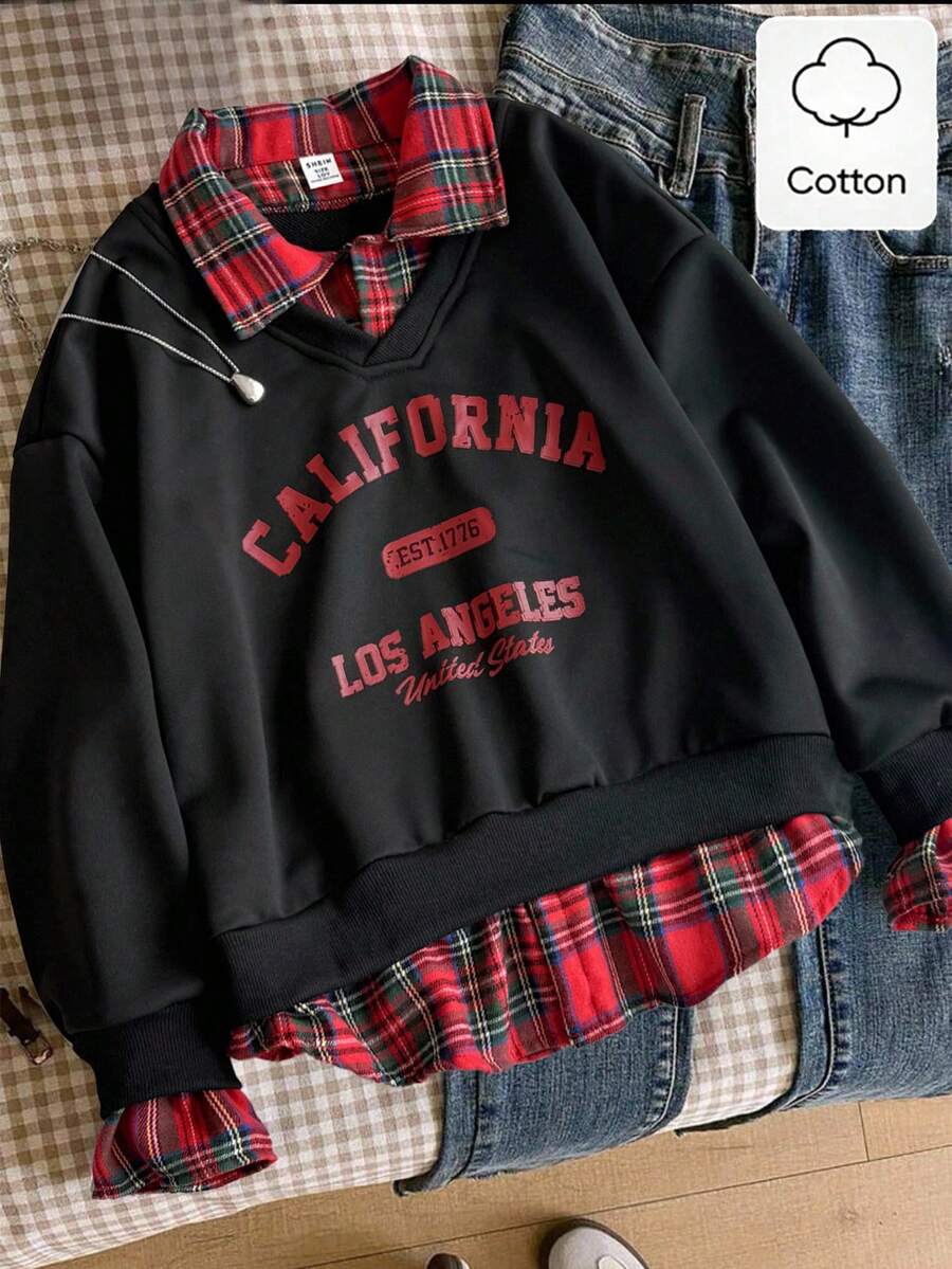 Sweetra Young Tween Girls' Casual Korean Style Sweatshirt, Woven Plaid Front Panel With Solid Knit Back, English Print, Long Sleeve Pullover Suitable For School, Outings, And Gatherings In Spring, Autumn, And Winter - Burgundy - View 1