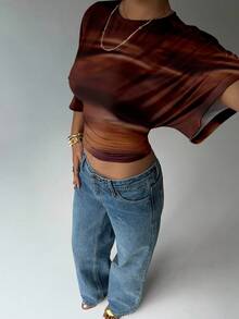 Aloruh Women's Solid Color Round Neck Batwing Sleeve Pleated Design Brown Tie-Dye Cropped Fashionable Top, Suitable For Autumn Outings, Versatile Base Layer T-Shirt, Brown Autumn T-Shirt, Coffee Brown Top ,Earthy Tops - Brown - View 5