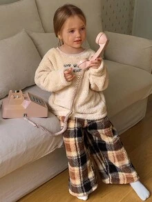 DAZY Conjunto de moletom com gola redonda e letras bordadas para meninas, 2 peças, para outono - Caqui - Ver 1