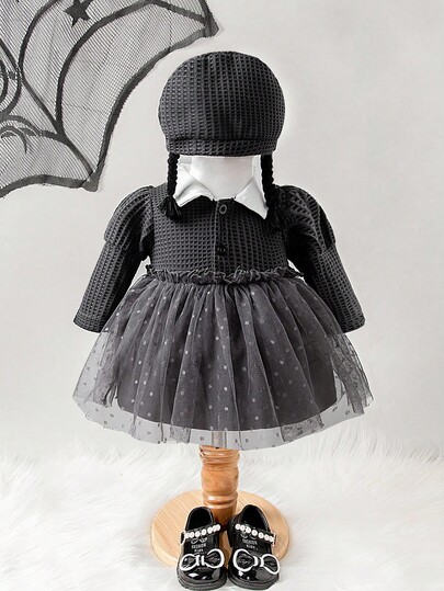 SHEIN Perso Play Newborn Girls' Halloween Braided Hat With Mesh Tulle Dress Costume, Fashionable, Comfortable And Cute, 2024 New Autumn Collection