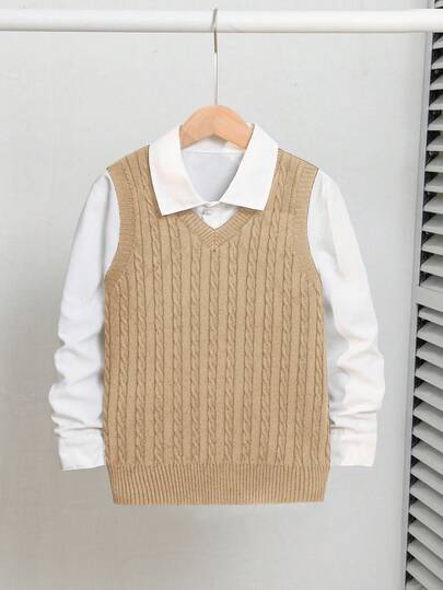 SHEIN 青少年男孩宽松休闲扭花针织背心，价格实惠的秋冬女孩服装