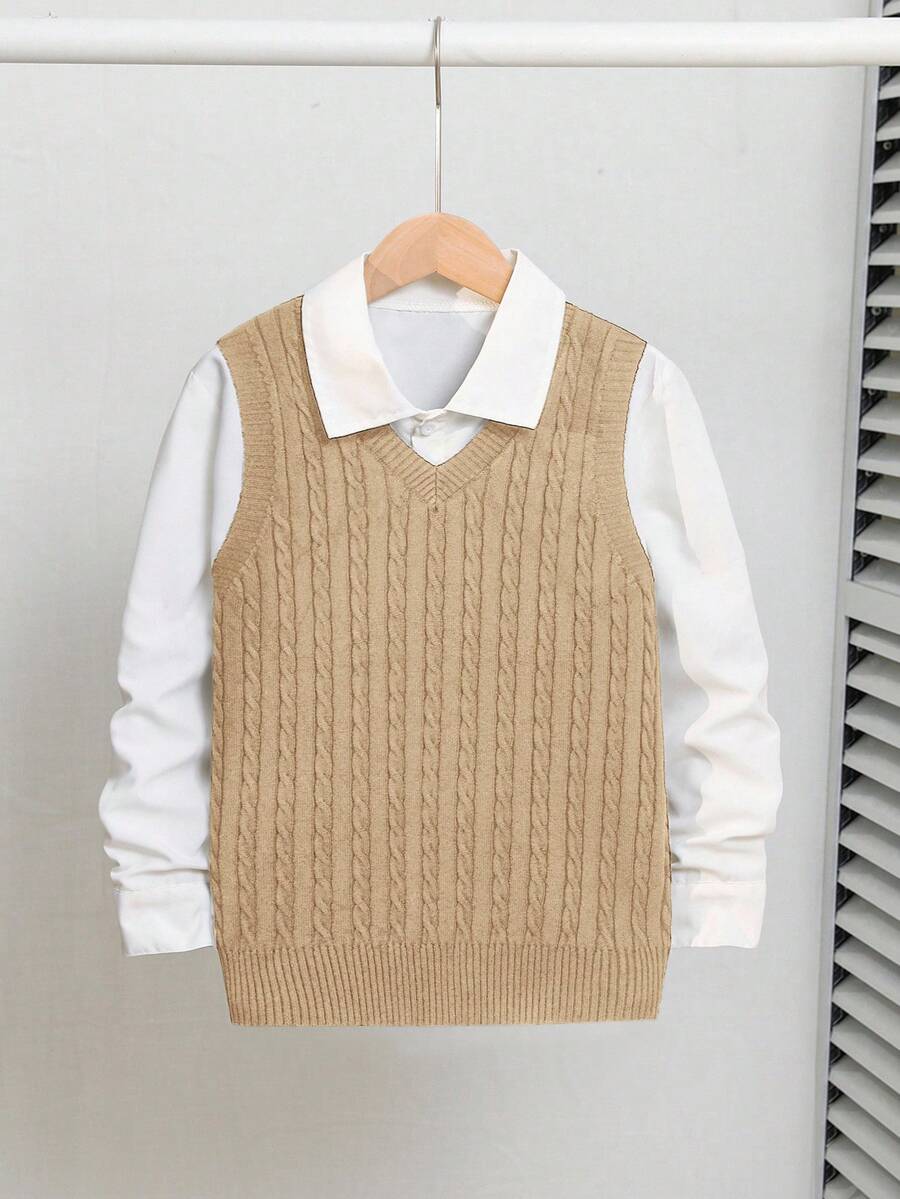 SHEIN 青少年男孩宽松休闲扭花针织背心，价格实惠的秋冬女孩服装 - 卡其色 - 查看 1