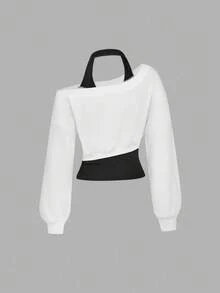 SHEIN MOD 女士灰色不对称肩部二合一运动衫秋冬女装 - 白色 - 查看 2