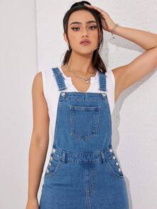 SHEIN PETITE 女式休闲水洗牛仔背带连衣裙