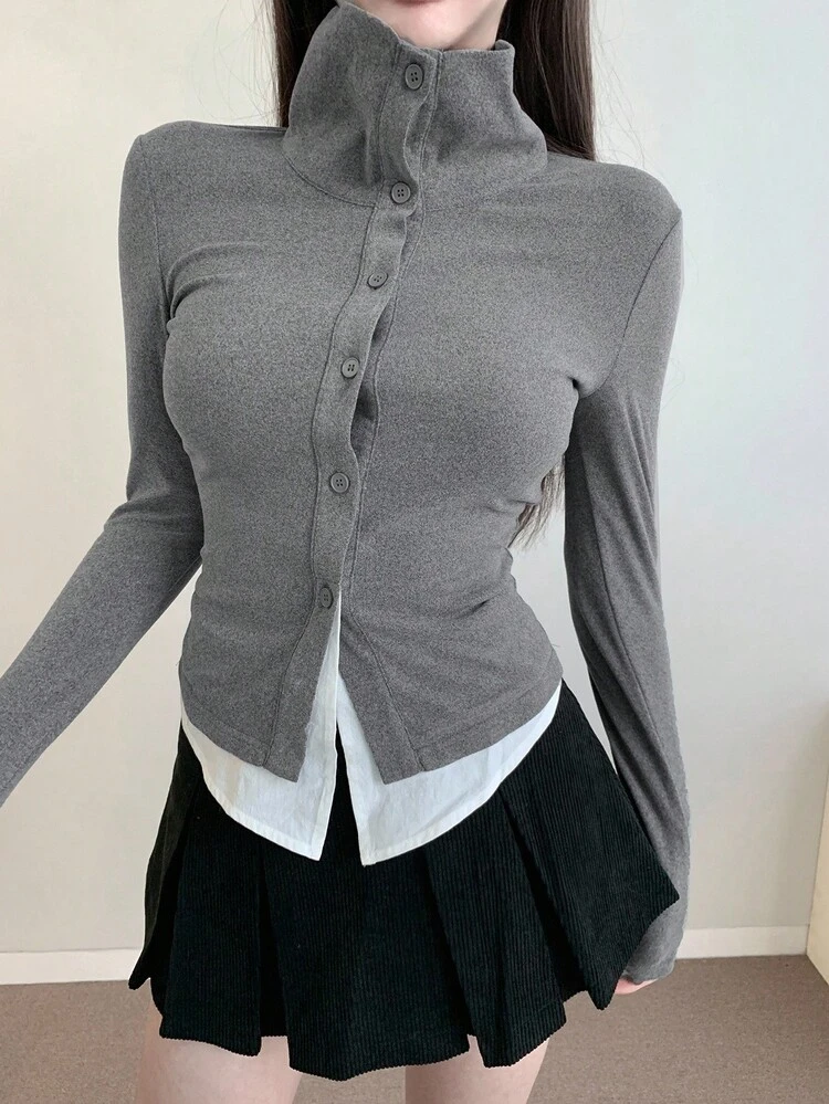 Women's Contrast Color Splice Mock Neck Long Sleeve Fitted Casual T-Shirt