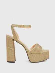 CUCCOO LuxiPop Giày sandal cao gót nữ thời trang, gợi cảm, lấp lánh đính đá, đế dày màu bạc, kiểu dáng hộp đêm, dự tiệc, có khóa cài, màu vàng kim, giày cao gót lộng lẫy. - Vàng - Xem 1