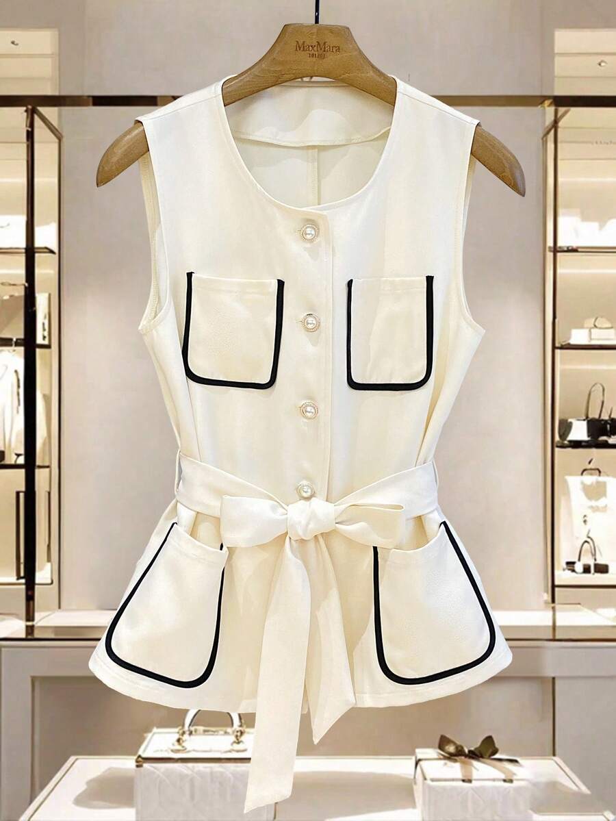 GlowEve Damen Lässig Pendler Rundhals Perlknopf Dekor Tasche Kontrastfarbe Ärmellos Regular Jacke, Herbst/Winter