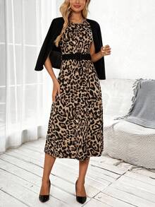 EMERY ROSE Women's Solid Color 3/4 Sleeve Open Front Jacket And Leopard Print Sleeveless Dress Elegant 2-Piece Set, Autumn - Khaki - View 7