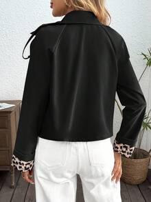 SHEIN LUNE 女式常规纯色豹纹袖口拼布双排扣短款风衣 - 黑色 - 查看 2