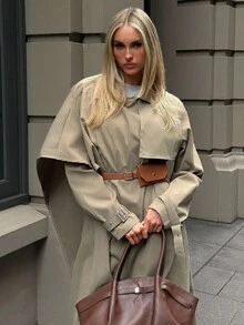 Aloruh 女式休闲裹领收腰长款风衣，秋冬 - 卡其色 - 查看 4