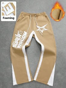 PAVTROS Manfinity Streetrush Y2K 男士休闲彩色块字母印花抽绳腰运动裤，男士星星印花运动裤，灰色男士运动裤，男友礼物，圣诞礼物 - 卡其色 - 查看 1