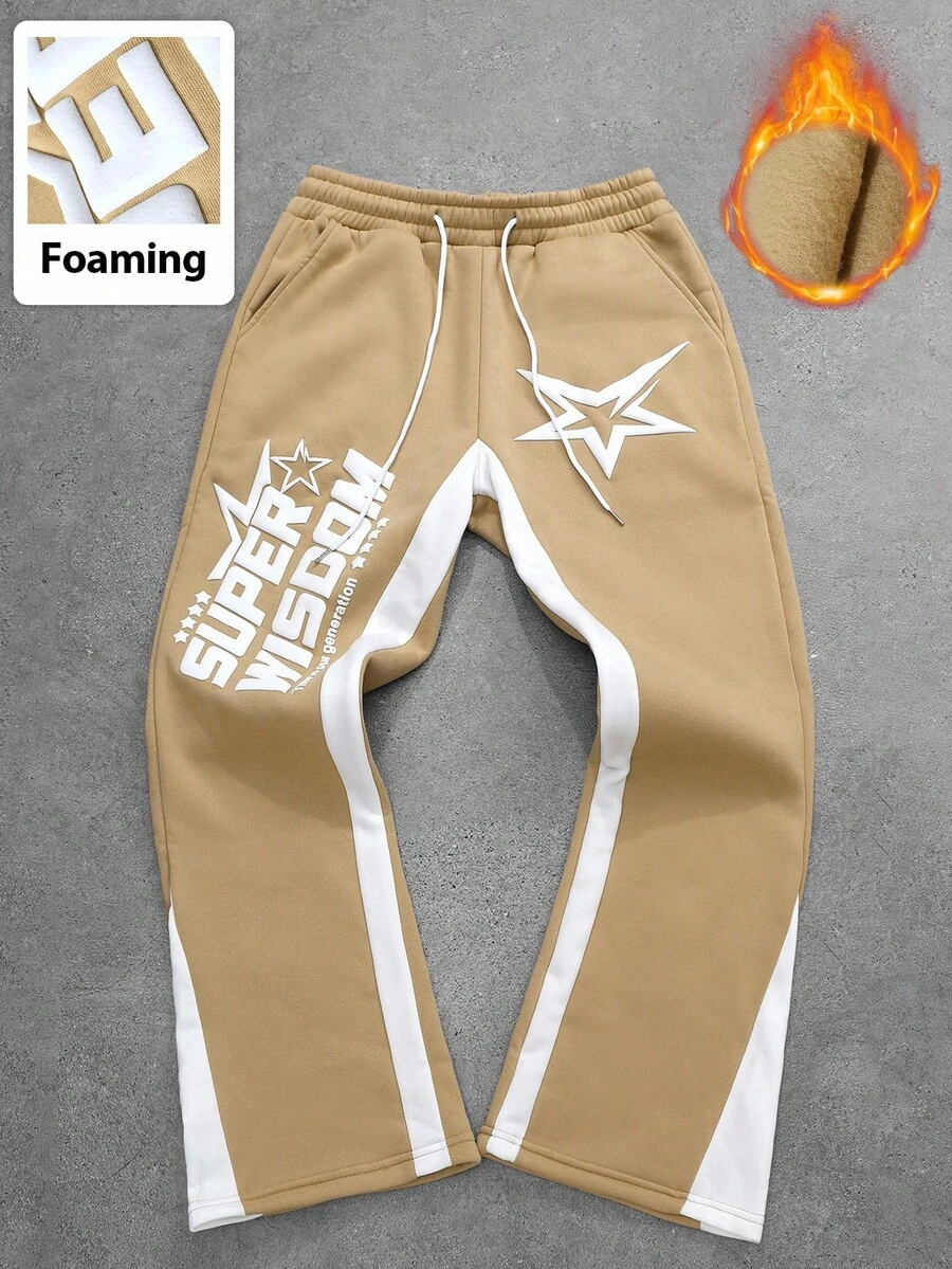 PAVTROS Manfinity Streetrush Y2K 男士休闲彩色块字母印花抽绳腰运动裤，男士星星印花运动裤，灰色男士运动裤，男友礼物，圣诞礼物 - 卡其色 - 查看 1