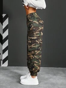 SHEIN PETITE Jeans de moda de uso diario con diseño de bolsillo lateral de camuflaje, presilla para cinturón y botón en la cintura para mujer - Multicolor - Ver 11