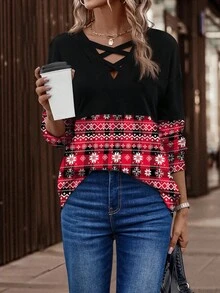 EMERY ROSE Women's Autumn/Winter New Criss-Cross Collar Design Christmas Element Print Patchwork Sweatshirt - Multicolor - View 3