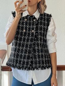 Vivie Lora Women's Loose Fit Double-Breasted Plaid Fringe Casual Knit Vest - Black - View 1