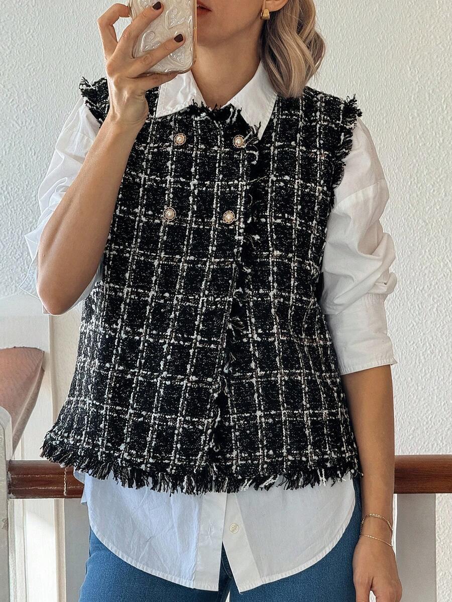 Vivie Lora Women's Loose Fit Double-Breasted Plaid Fringe Casual Knit Vest - Black - View 1