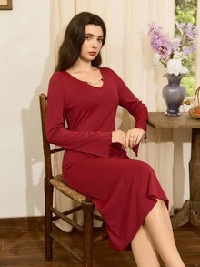Côtesoire 优雅法式舒适V领可拆卸珍珠装饰链红色女士睡衣睡袍 - 酒紅色 - 查看 5