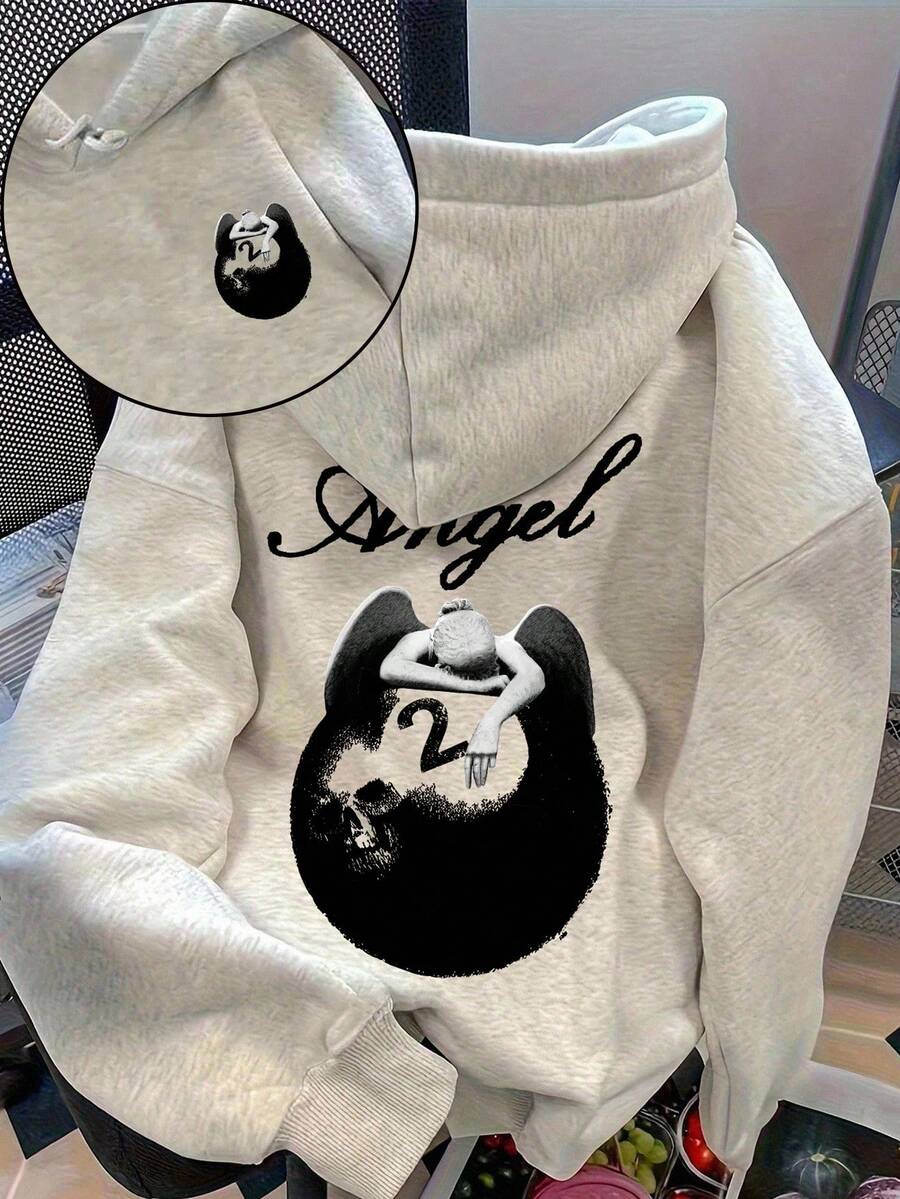 EMERY ROSE 女士休闲日常天使台球数码印花露肩宽松口袋抽绳连帽运动衫，秋冬 - 淺灰色 - 查看 1