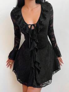 SHEIN EZwear Black Lace Patchwork Women's Ruffle Hem Twist Front Long Sleeve Sexy Dress