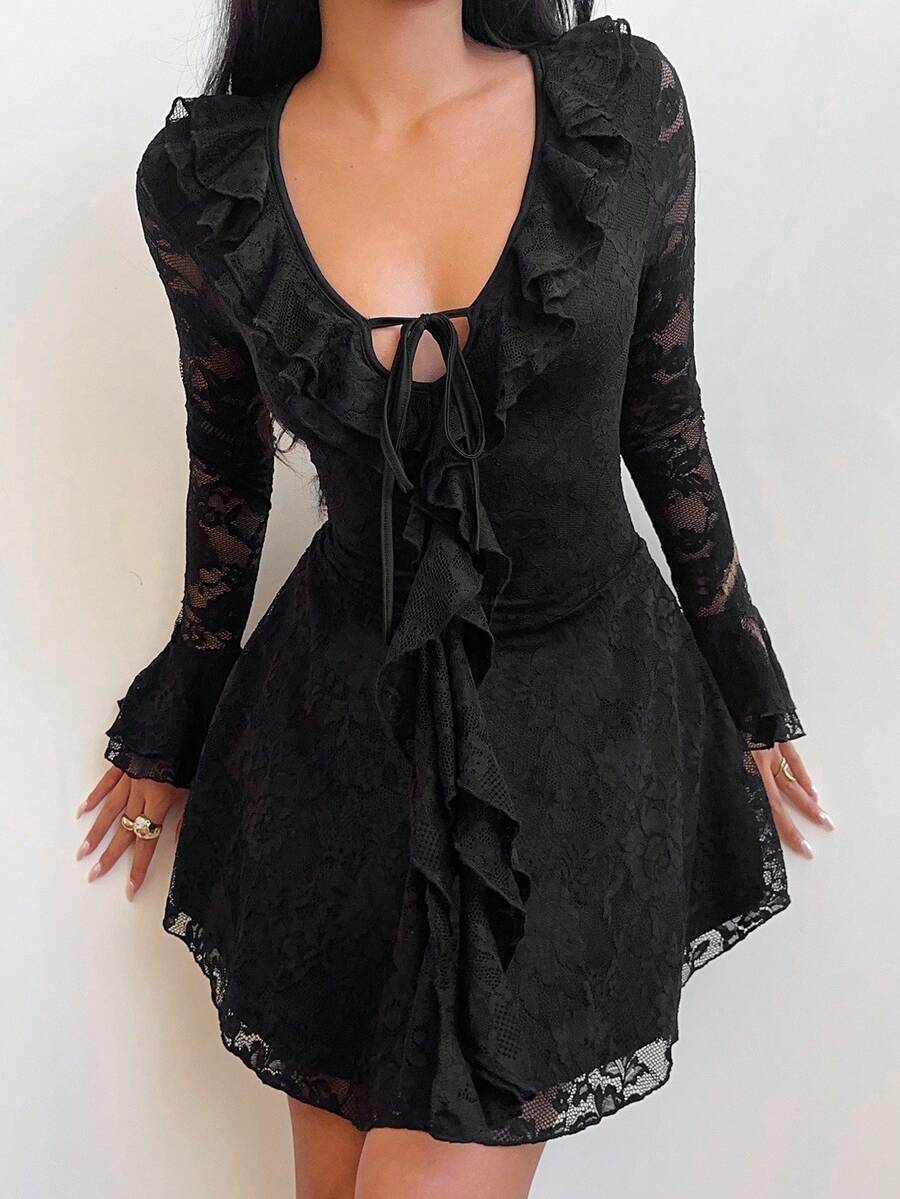 SHEIN EZwear Black Lace Patchwork Women's Ruffle Hem Twist Front Long Sleeve Sexy Dress
