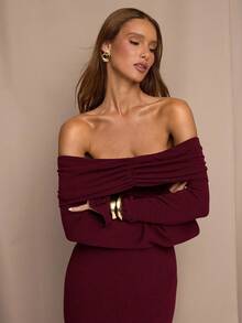 SHEIN BAE 女式纯色露肩荷叶边优雅长袖连衣裙 - 紫紅色 - 查看 7