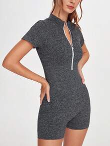 SHEIN Sports 短袖连体裤/白色拉链拼色/立领瑜伽服/修身款，适合跑步/普拉提和健身房锻炼/轻盈、有弹性、舒适/多功能 - 黑色 - 查看 4