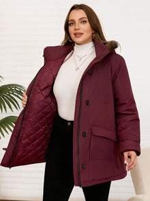 Rosumi Plus Size Women Winter Casual Solid Color Zip-Up Waterproof Casual Warm Patchwork Fur Collar Detachable Hooded Padded Coat With Pockets, Winter,Going Out Outfits, New Clothes,Simple And Fashionable For Everyday Wear, Plus Size Jacket, Winter Coat, Coats For Women Plus, ,New Year Clothes ,Hooded  Padded Coat,Wine Red Quilted Jacket, - Red Violet - View 8
