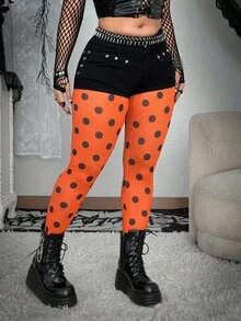 Whyspr Grunge Punk Plus Size Polka Dot Mesh Sheer Elastic Halloween Leggings - Orange - View 5