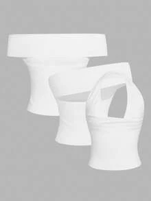 SHEIN EZwear 三合一白色女士休闲性感紧身上衣套装，适合日常穿着 - 白色 - 查看 2