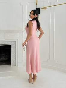 Shopreo New Spring And Summer Casual And Elegant Round Neck Sleeveless Bag Flap Decorated With Metal Buckles Fishtail Skirt Hip Skirt With Open Placket Black Textured Knitted Fabric Women's Long Dress-B,Business Casual Woman - Pink - View 2