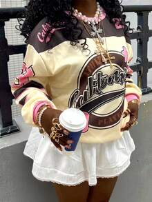 Rovax 大码 Y2K 街头服饰复古字母和数字徽章数码印花圆领女式运动衫