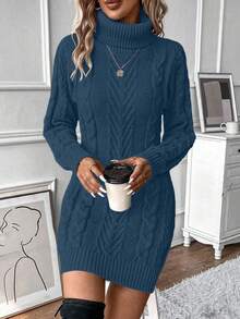 EMERY ROSE Casual Solid Color Turtleneck Knit Dress, Autumn/Winter, Christmas - Navy Blue - View 3