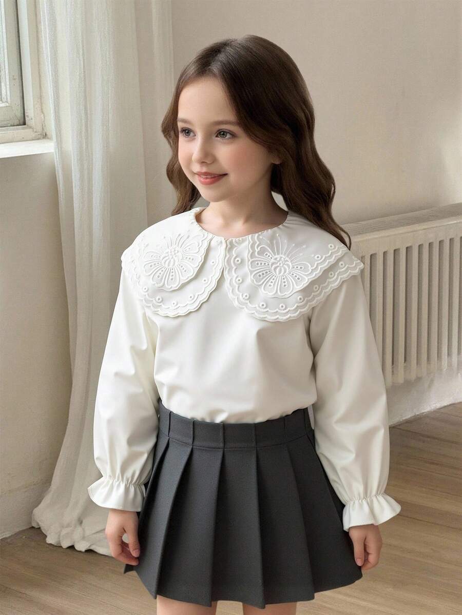 Elladie kids 新款时尚甜美蕾丝领白色长袖上衣，适合年轻女孩，百搭汗衫 - 白色 - 查看 1