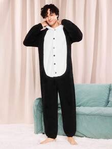 Men Playful Cartoon Animal Panda Plush Cosplay Reversible Fleece Jumpsuit, Comfortable Homewear, Suitable For Family Party, Fluffy, Winter, Cozy - Black and White - View 4