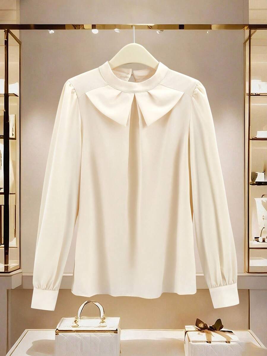 GlowEve Women's Elegant Commuter Beige Collar Faux Bowknot Long Sleeve Shirt - Beige - View 1