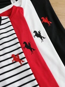 SHEIN 男童休闲条纹骑士图案长袖T恤 - 紅色 - 查看 5