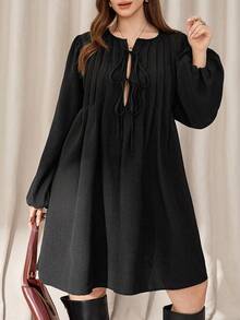 Auralis 大码女装秋冬时尚休闲宽松舒适日常蝴蝶结纹理面料黑色长袖短款连衣裙，秋季服装，曲线可爱连衣裙