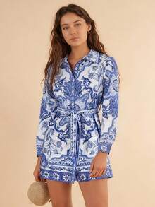 Travachic KIDS Tween Girls' Vacation Casual Elegant Floral Print Long Sleeve Dress - Blue and White - View 1