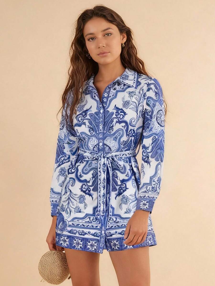 Travachic KIDS Tween Girls' Vacation Casual Elegant Floral Print Long Sleeve Dress - Blue and White - View 1